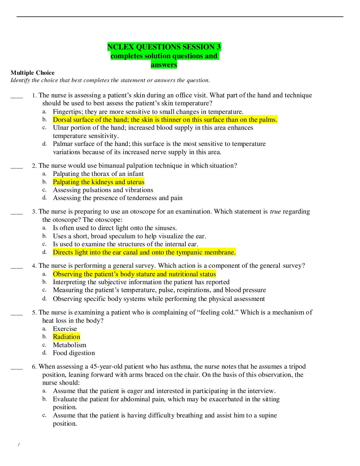 Preview image of NCLEX QUESTIONS SESSION 3 completes solution questions and answers document